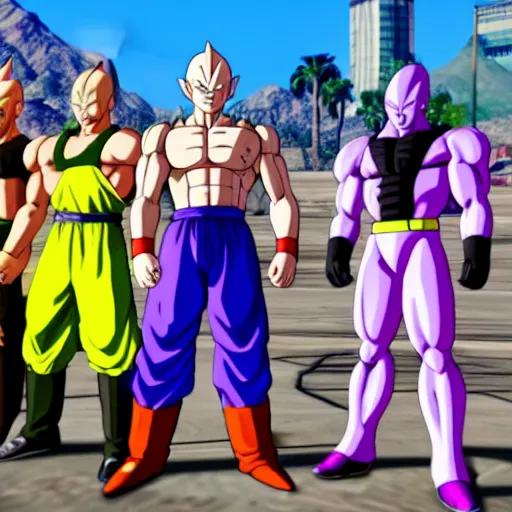 Image similar to Screenshot of Vegeta, Frieza, Cell, Majin Buu and Broly in the game GTA V, highly detailed