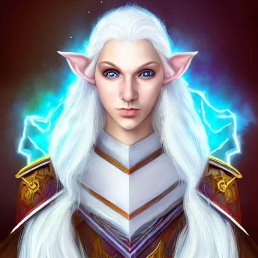 Image similar to Beautiful white haired aged fair skinned scholar elf with spell scroll and lightning background, symmetrical, realism, digital painting, detailed artwork, portrait, mythical, artstation