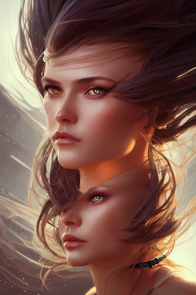 Image similar to futuristic woman portrait, sci-fi, amber eyes, face, long hair, fantasy, intricate, elegant, highly detailed, digital painting, artstation, concept art, smooth, sharp focus, illustration, art by artgerm and greg rutkowski and alphonse mucha