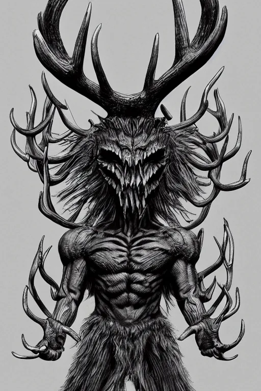 Image similar to humanoid figure monster with antlers, highly detailed, digital art, sharp focus, trending on art station, kentaro miura manga art style