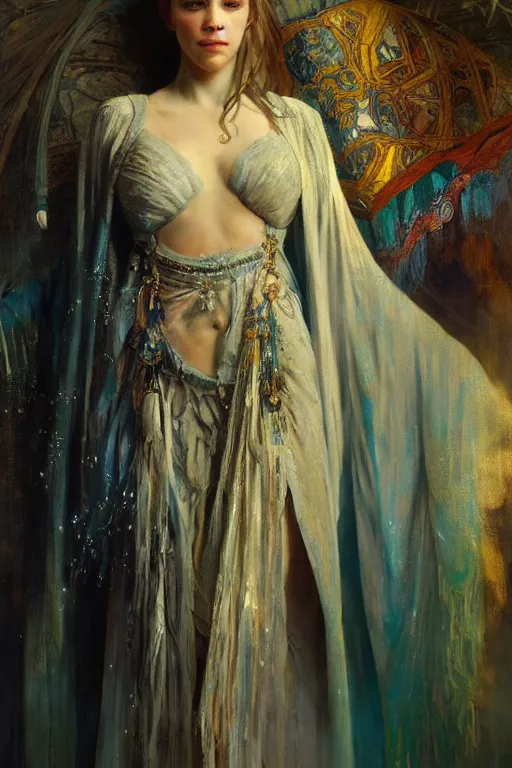 Image similar to hyperrealist portrait of a girl emperorit is decorated with long robes that fall like stars. by jeremy mann and alphonse mucha, fantasy art, photo realistic, dynamic lighting, artstation, poster, volumetric lighting, very detailed faces, 4 k, award winning