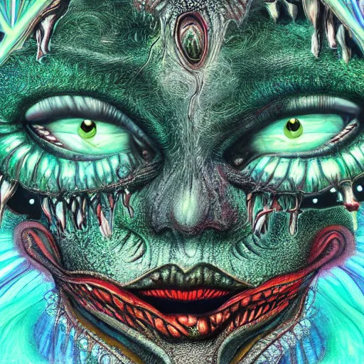 Prompt: dark fantasy, 4 k, textured 3 d, intense detail, dark psychedelic, hideous one eyed monster, amazing background, alex grey style