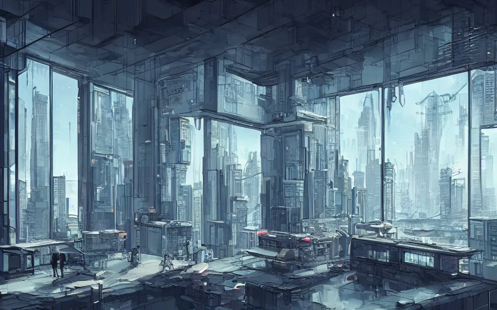 Prompt: cyberpunk loft lounge with tall windows, no people, city in background, drawn by feng zhu