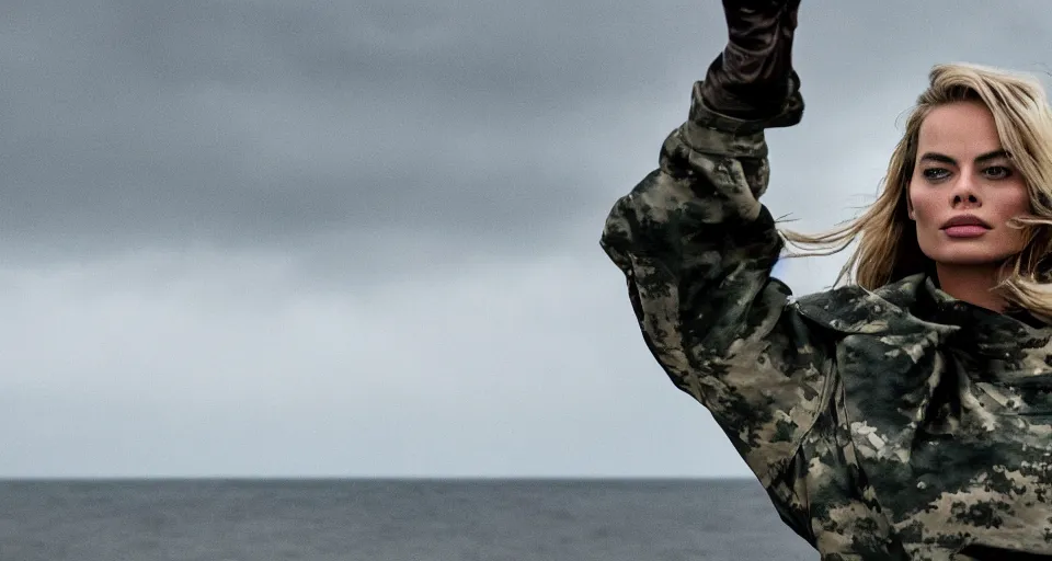 Prompt: cinematic shot of margot robbie in military gear walking out of the ocean, cinematic diffuse lighting, cloudy weather