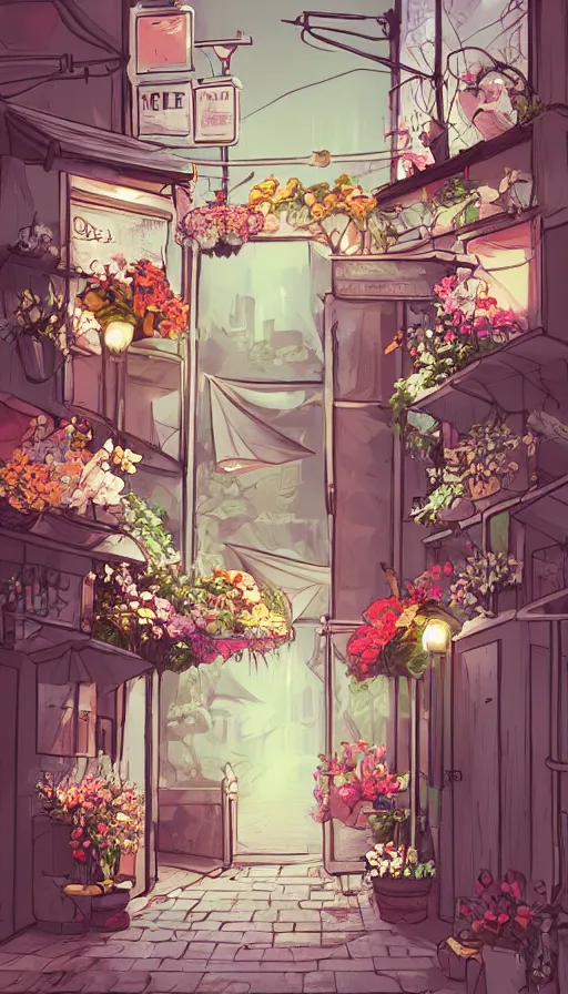 Image similar to a little flower shop's front gate, nostalgic, fresh digital illustrati on, dramatic lighting, pixiv