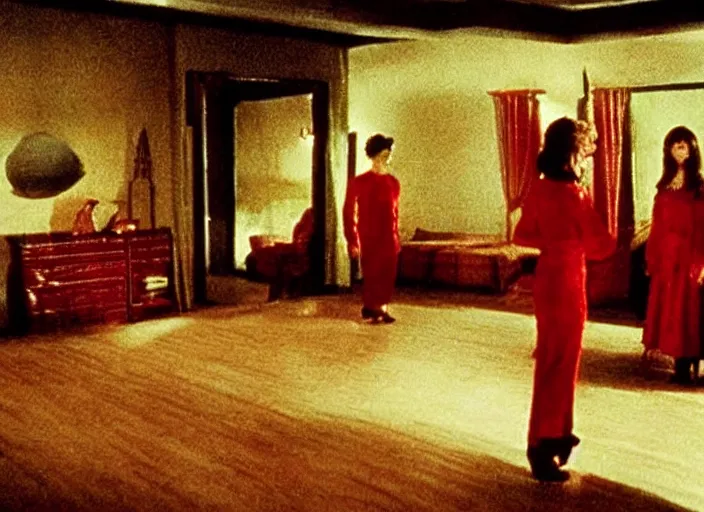 Prompt: Still frame the retro Twin Peaks, depicting the red room scene from Twin Peaks, directed by Nobuhiko Obayashi