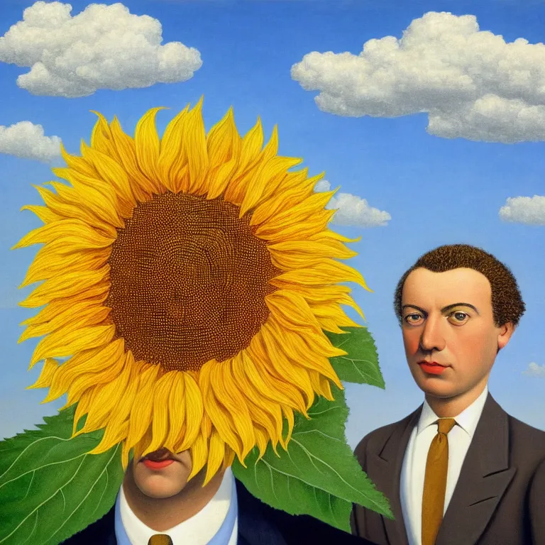 Image similar to portrait of a faceless sunflower - head man in a suit, clouds in the background, by rene magritte, detailed painting, distance, centered, hd, hq, high resolution, high detail, 4 k, 8 k