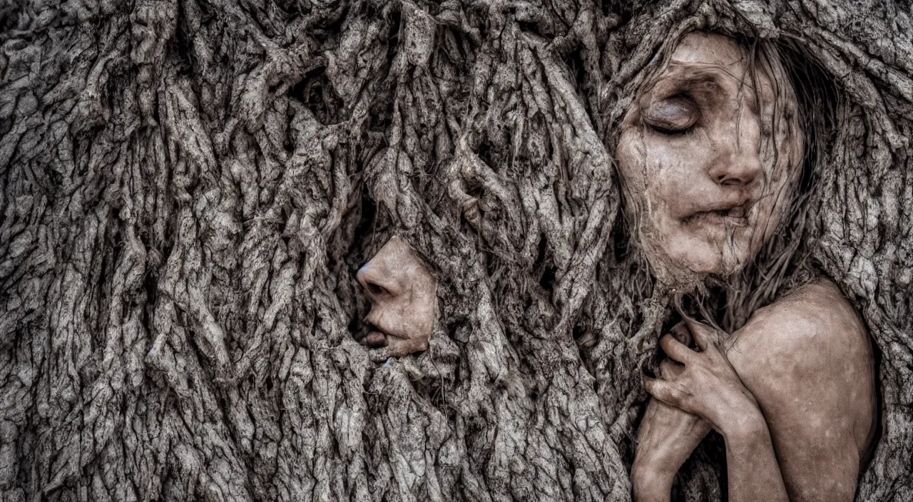 Prompt: close-up of a crying ancient dried up goddess, peaceful, facing the camera and standing in front of a dried up river in a desolate land, dead trees, blue sky, hot and sunny, highly-detailed, elegant, dramatic lighting, artstation, 4k, cinematic landscape, photograph by Elisabeth Gadd