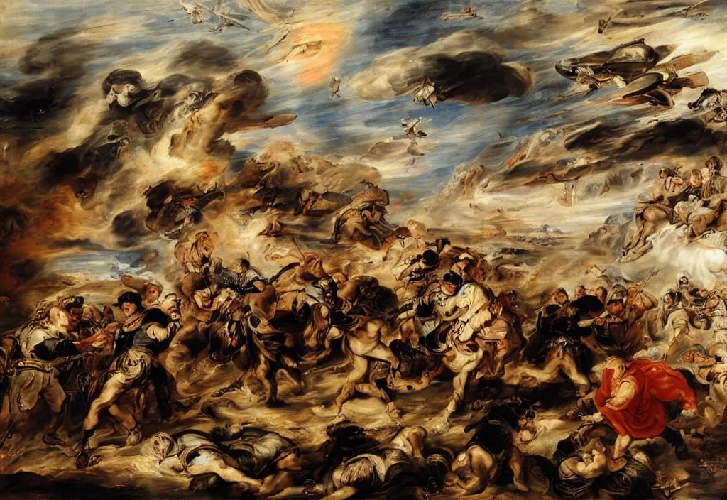 Image similar to afghanistan war by peter paul rubens, desert, battlefield, bombs