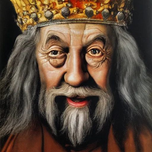 Image similar to a deliriously happy King Gandalf, portrait oil painting by Otto Dix, oil on canvas (1921)