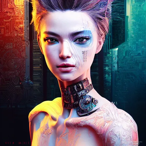 Image similar to the portrait of an absurdly beautiful, graceful, elegant, sophisticated, fashionable cyberpunk gravure idol, an ultrafine hyperdetailed illustration by kim jung gi, irakli nadar, intricate linework, bright colors, porcelain skin, unreal engine 5 highly rendered, global illumination, radiant light, detailed and intricate environment