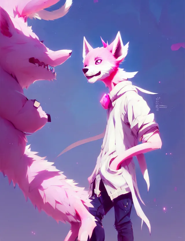 Image similar to a beautiful fullbody portrait of a cute anime boy with pink hair and pink wolf ears. character design by cory loftis, fenghua zhong, ryohei hase, ismail inceoglu and ruan jia. artstation, volumetric light, detailed, photorealistic, fantasy, rendered in octane