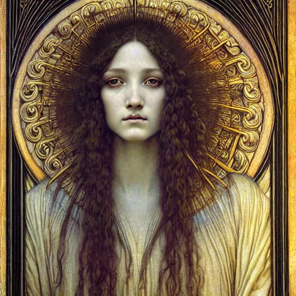 Image similar to detailed realistic beautiful young medieval queen face portrait by jean delville, gustave dore and marco mazzoni, art nouveau, symbolist, visionary, gothic, pre - raphaelite. horizontal symmetry