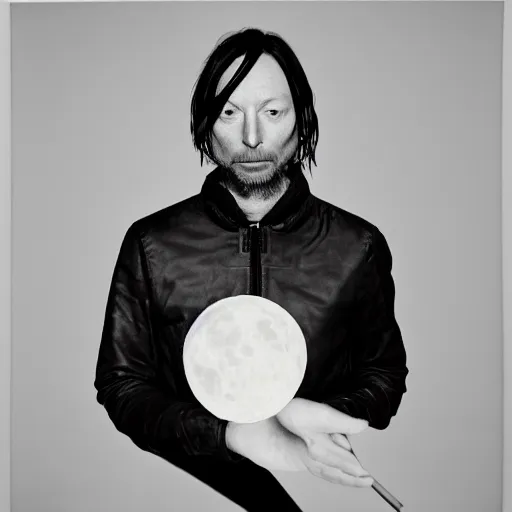 Image similar to Radiohead singer Thom Yorke, holding the moon upon a stick, with a beard and a black jacket, a portrait by John E. Berninger, dribble, neo-expressionism, uhd image, studio portrait, 1990s