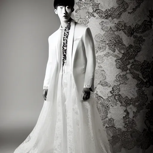 Image similar to a beautiful young korean male wearing a translucid lace wedding gown designed by alexander mcqueen, photographed by andrew thomas huang for a fashion editorial