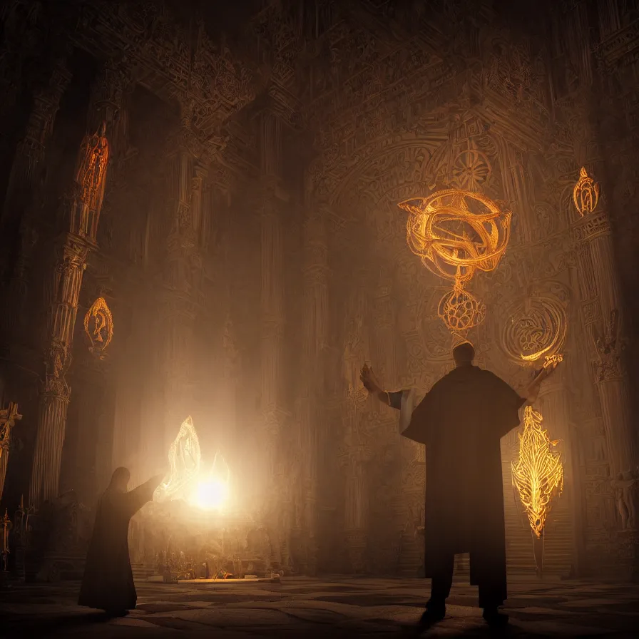 Image similar to an occult priest performs demonic ritual with magic and a glowing sigil in a fantastic temple, volumetric lighting, magical lighting, raytracing, dynamic lights and shadows, photorealistic render, digital art, wallpaper, octane, redshift, hyperdetailed, intricate details