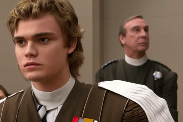 Prompt: anakin skywalker wearing prisoner's uniform in court being defended by saul goodman, court images, 1 0 8 0 p, court archive images