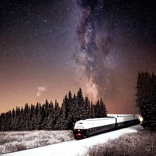 Prompt: a night train rushes through the milky way, winter