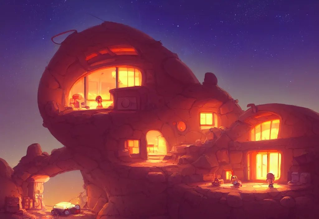 Prompt: sci - fi chubby house in the desert at night, bondfire, rocks, mountain, river, intricate oil painting, high detail illustration, sharp high detail, manga and anime 1 9 9 9, official fanart behance hd artstation by jesper ejsing and makoto shinkai, 4 k,