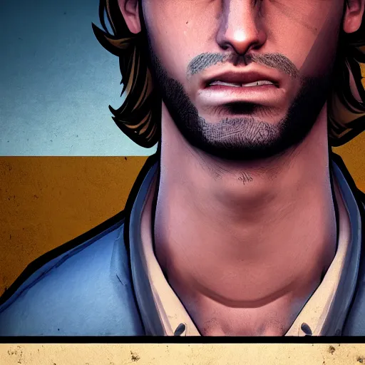 Image similar to a blond young clean shaven spanish man portrait, borderlands, tales from the borderlands, the wolf among us, comic, cinematic lighting, studio quality, 8 k