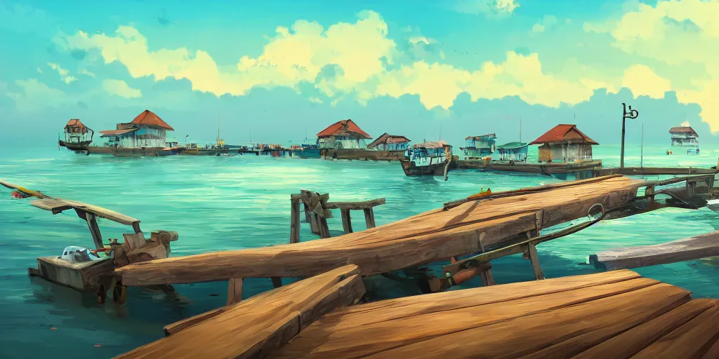 Image similar to pulau indah jetty fishing town in the morning, detailed matte painting, low angle view, telephoto lens, bokeh, studio ghibli, artstation