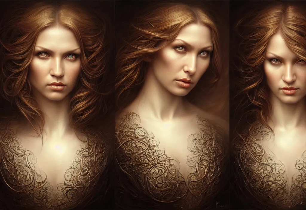 Image similar to picture split from the middle with an border, evil angels with different backrounds, intricate, elegant, highly detailed, realistic hair, centered, digital painting, art station, conceptual art, soft, sharp focus, illustration, artwork, artgerm, tomasz alen kopera, donato giancola, wlop, boris vallejo