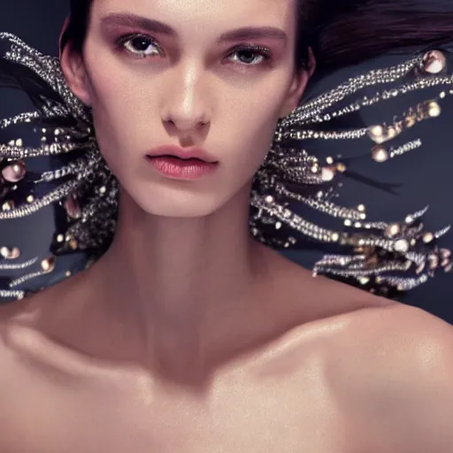 Image similar to close up of face of a fashion model in luxury dress, blurred background, official dior editorial, highly detailed