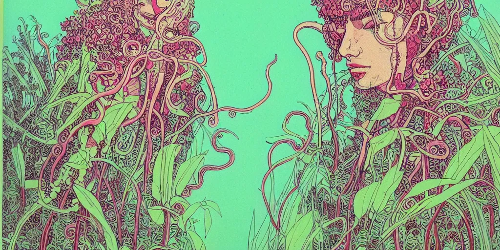 Image similar to risograph grainy drawing vintage sci - fi, antagonist girl, moebius color palette, face covered with plants and flowers, wearing futuristic scaphander with lot of vires and tentacles, exotic plants around and on the background, parking lot, painting by moebius and satoshi kon and dirk dzimirsky close - up portrait