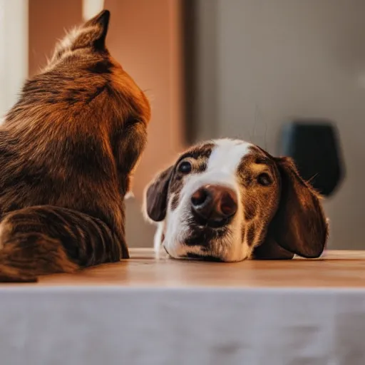 Prompt: cat and dog laughing together on top of the table