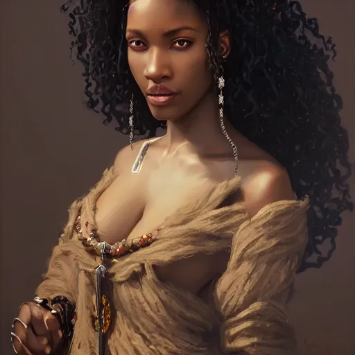 Image similar to character design, portrait of a attractive dark skinned woman with long black curly hair and white eyes, medieval, jewels, painting by wlop, nixeu and greg rutkowski, beautiful, cgsociety, semirealism, artstation, octane render, sharpness, 8 k, golden ratio