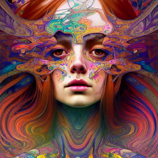 Image similar to A girl having an extremely colorful psychedelic experience, warping time and space, magic mushrooms, psilocybin, LSD, face, detailed, intricate, elegant, highly detailed, digital painting, artstation, concept art, smooth, sharp focus, illustration, art by Krenz Cushart and Artem Demura and alphonse mucha