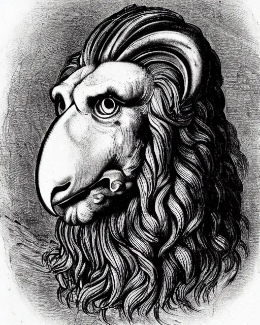 Image similar to a creature, eyes of a man, beak of an eagle, no nose, the mane of a lion, two horns, drawn by da vinci