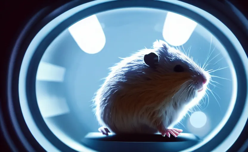 Image similar to hamster, inside a spaceship, movie still, star wars, cinematic, sharp focus, cinematic lighting, 8 k