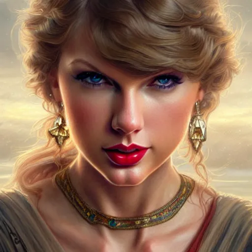 Image similar to Taylor Swift closeup, D&D style, fantasy, intricate, elegant, highly detailed, digital painting, artstation, concept art, matte, sharp focus, illustration, art by Artgerm and Greg Rutkowski and Alphonse Mucha