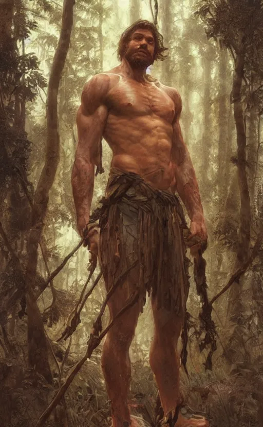 Image similar to god of the forest, 3 0 years old, rugged, male, gorgeous, detailed face, amazing, thighs, full body shot, long hair, muscular, intricate, highly detailed, digital painting, artstation, concept art, sharp focus, illustration, art by greg rutkowski and alphonse mucha