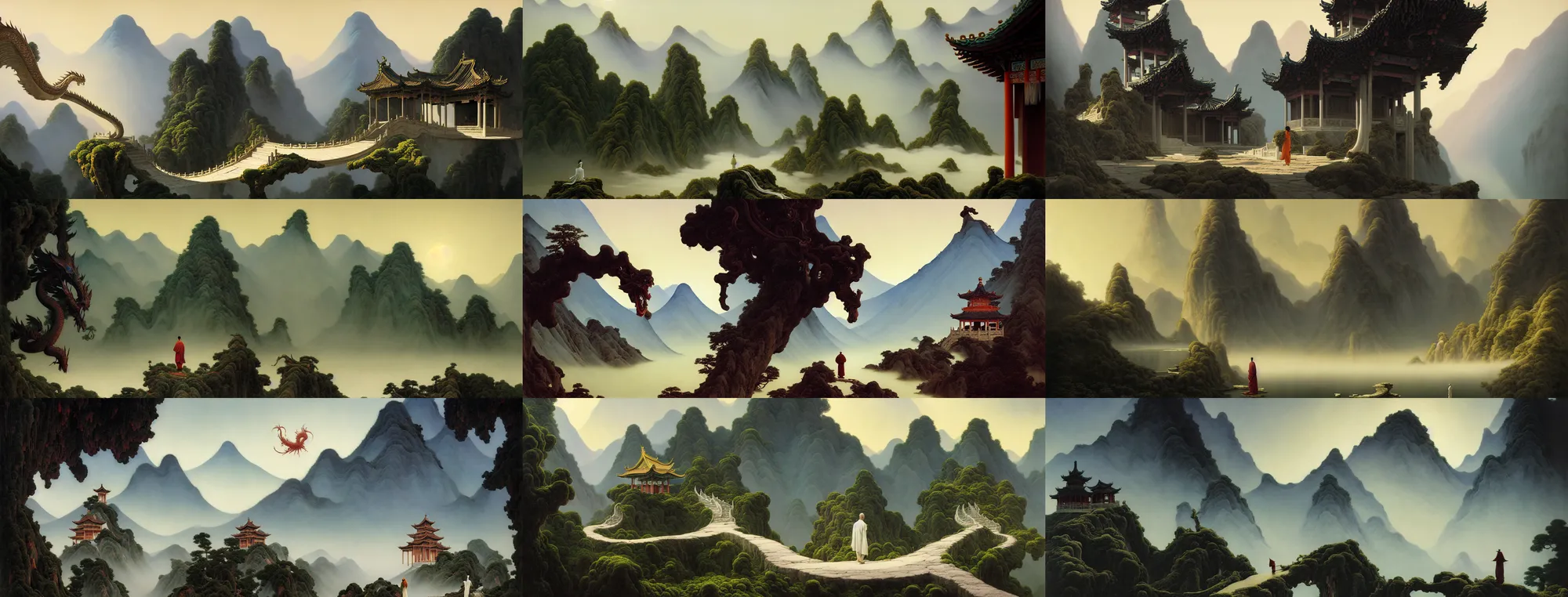 Prompt: a gorgeous landscape painting by barlowe wayne, maxfield parrish and marco mazzoni. a ultra long chinese white dragon is flying through the clouds and mist among the mountains. an abandoned chinese temple. birds. a lonely chinese monk walks on the winding stone steps, 3 d, octane render, turbulent blood lake, 8 k.