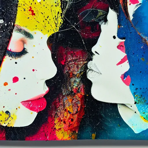 Image similar to double exposure of two women kissing ( closeup ) and an abstract painting, lomography. this photograph is subsequently printed out and splattered with paint. mixed media collage art with magazines and found art