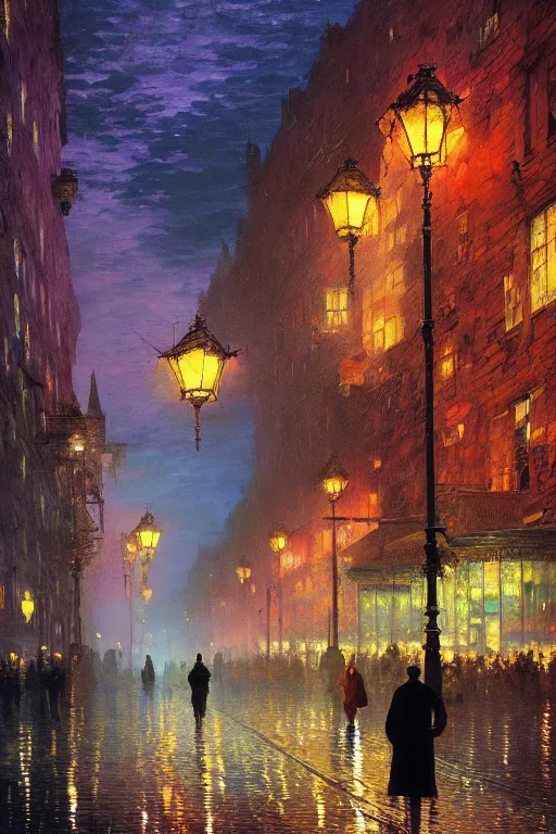 Image similar to the king in disguise, walking through the crowded streets of the city of blood and prisms, night skies, dramatic light, hyperrealistic, colorful skies, digital art, vray, john atkinson grimshaw, ivan aivazovsky, leonid afremov