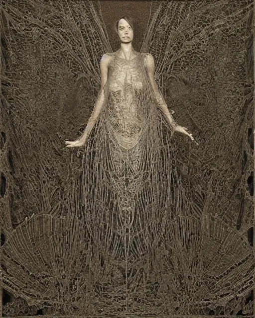 Image similar to a woman standing by the sea, made of intricate decorative lace leaf skeleton, in the style of the dutch masters and gregory crewdson, dark and moody