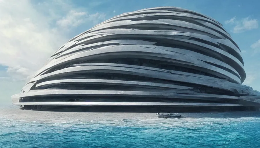 Image similar to Big budget movie, a futuristic building under the ocean