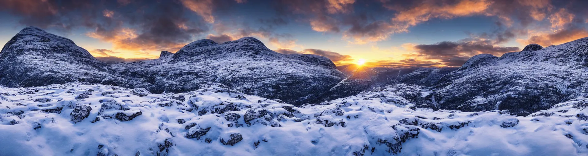 Prompt: beautiful snowy mountain landscape of norway with a majestic sunrise , art, high detail, high definition, photorealistic, hdr,