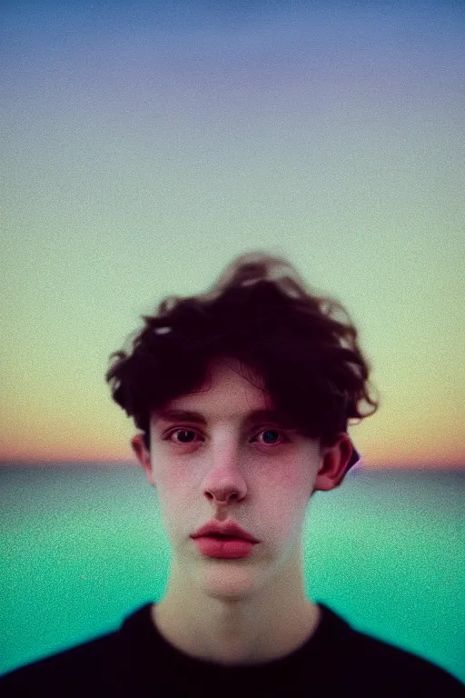 Image similar to high quality pastel coloured film mid angle docu photograph of a beautiful young 2 0 year old male, soft features, short black hair, floating in an icelandic black rock pool environment. atmospheric. three point light. photographic. art directed. ( pastel colours ). volumetric light. clearcoat. waves glitch. 8 k. filmic.