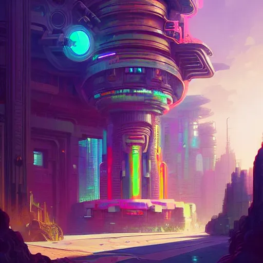 Image similar to street view of a cybernetic temple, vaporwave aesthetic, colorful, psychedelic, digital painting, artstation, concept art, smooth, sharp focus, illustration, art by artgerm and greg rutkowski and alphonse mucha