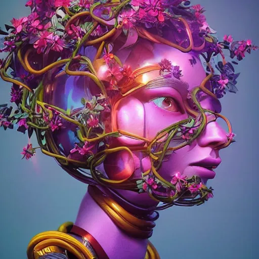 Image similar to colourful vfx art - portrait of aremy mech robot wrapped in flowers & vines, art by hsiao - ron cheng & james jean, volumetric light, ray tracing, sharp, detailed, digital painting, illustration, highly detailed, intricate detail, unreal engine, octane render, pinterest, behance, art station,