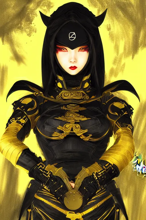 Image similar to portrait Ninja gaiden girl armored black and yellow ninja wardrobe, at ruin japanese temple rainny night, ssci-fi and fantasy, intricate and very very beautiful and elegant, highly detailed, digital painting, artstation, concept art, smooth and sharp focus, illustration, art by tian zi and WLOP and alphonse mucha