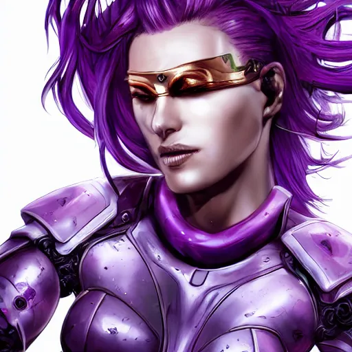 Image similar to extreme close up portrait, pale woman with flowing purple hair in rusty sci - fi power armor, high detail, eyepatch, covered eye, black and red background, stoic, elegant, muscles, powerful, commanding, by stjepan sejic, sunstone, dc comic, marvel comic