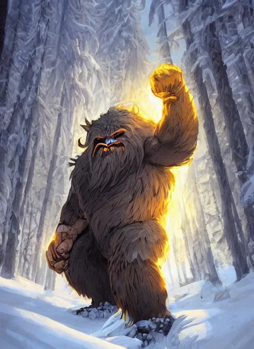 Prompt: giant muscular yeti monster with glowing yellow eyes and twisted horns towering over snow covered trees, highly detailed, digital painting, artstation, concept art, matte, sharp focus, illustration, dramatic, cinematic sunset, hearthstone, art by artgerm and greg rutkowski and alphonse mucha