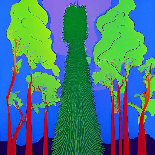 Prompt: the towering douglas fir trees kept her safe with their continual breath, surrealistic abstract art in the style of Kikuji Yamashita,