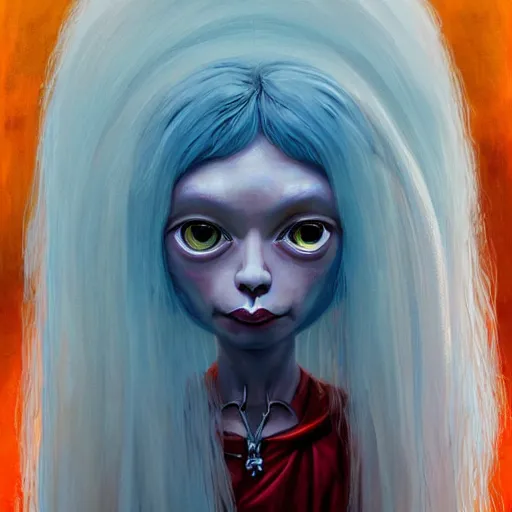 Prompt: portrait of small, cute, rubbery, huge-eyed, big-lipped albino mutant priestess with elaborate white hair with serious expression; science fiction concept art by Anato Finnstark, Margaret Keane, Greg Rutkowski