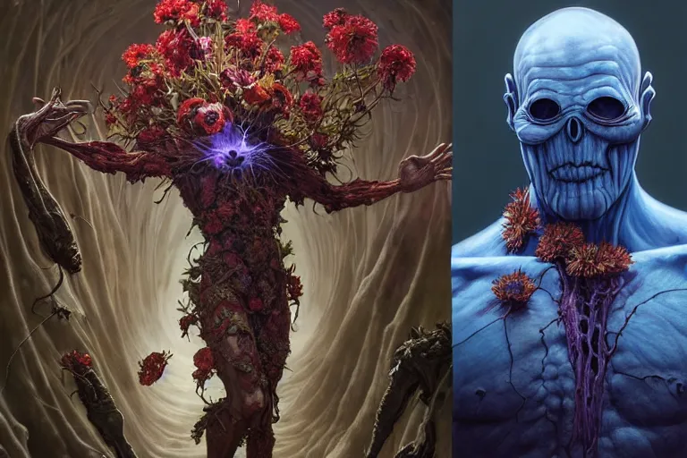 Image similar to the platonic ideal of flowers, rotting, insects and praying of cletus kasady ultimate carnage thanos dementor doctor manhattan chtulu nazgul davinci, detailed, intricate, hyperrealism, intense, scary, decay, dmt, art by brock hofer and artgerm and greg rutkowski and alphonse mucha